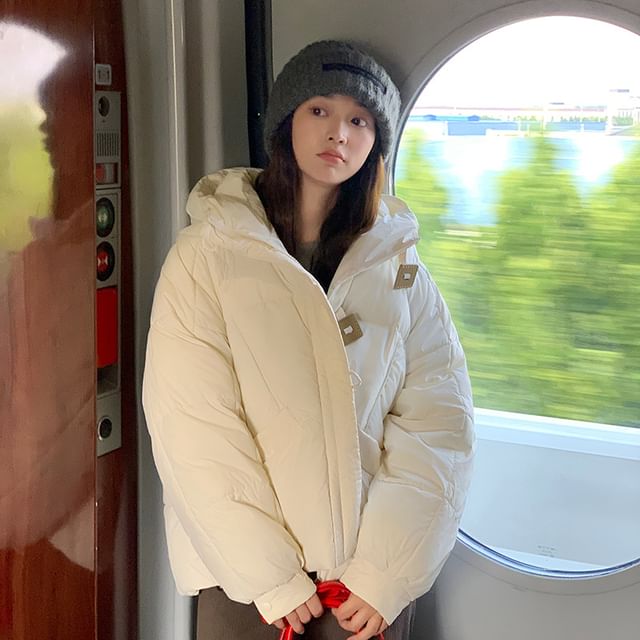 Sienne-Stand Collar Plain Hood Zip Puffer Jacket