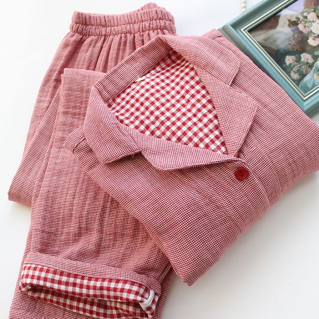 Dogini-Pajama Set Long-Sleeve Houndstooth Top Pants