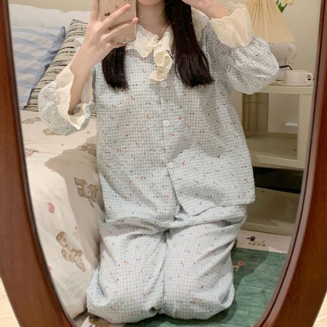 GOUB-Ruffle Trim Plaid Pajama Set