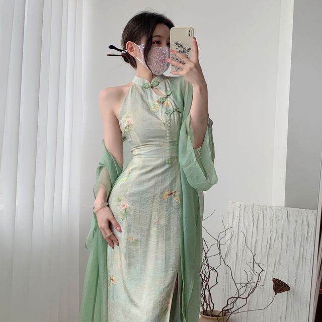mandarin collar cut out dress Modern Chinese Qipao Dress with High Neckline & Short Sleeves
