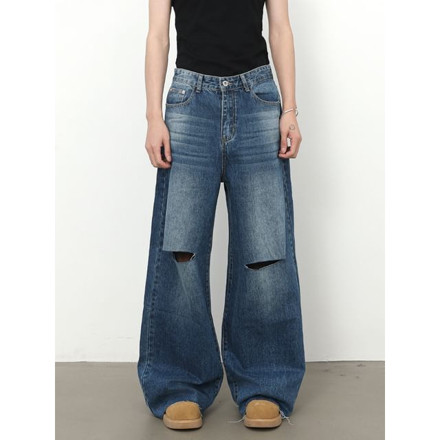 pinkdropper-Distressed Wide-Leg Jeans