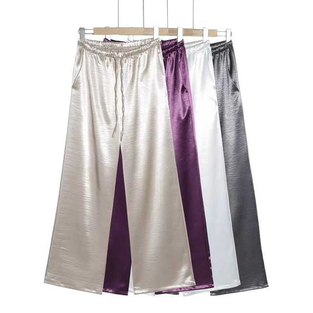 Asiris-Drawstring Waist Plain Satin Wide Leg Pants Various Designs