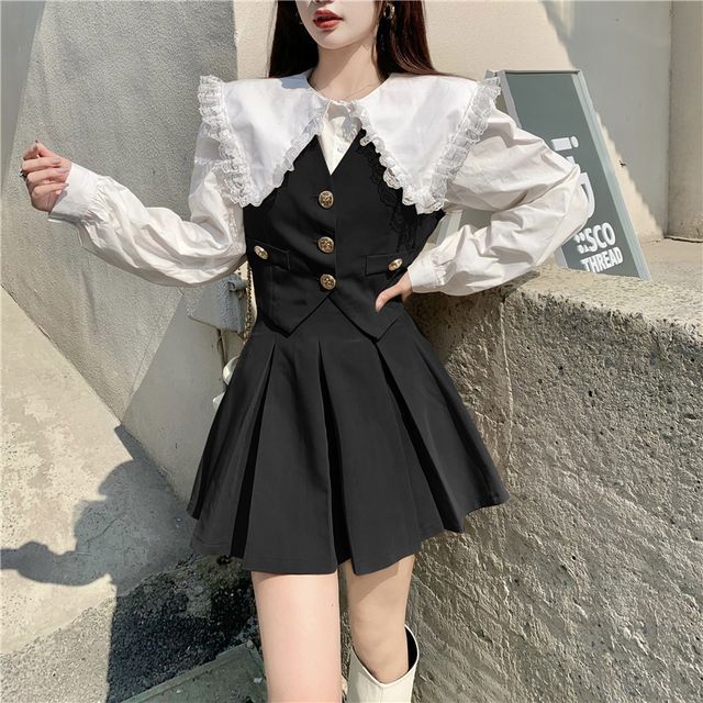 Strawolf - Button-Up Vest / Collared Blouse / Pleated Mini A-Line  display picture 1