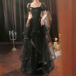 Ferim Short-Sleeve Square Neck Mesh A-Line Evening Gown Sale