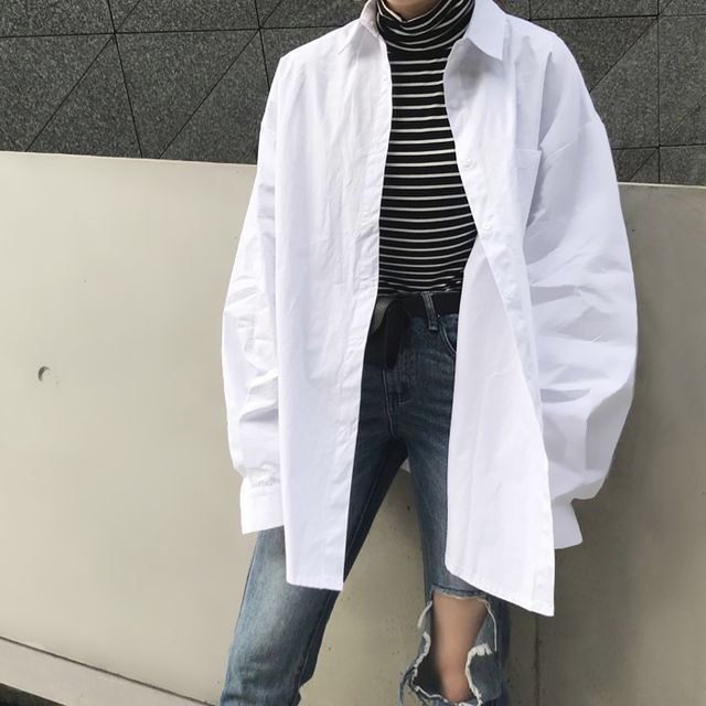 monroll-Long-Sleeve Collared Plain Oversized Shirt