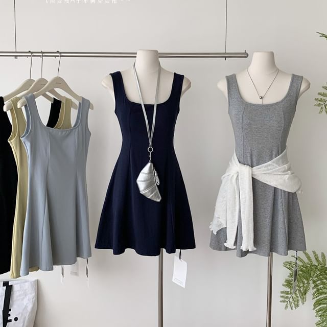 Dute-Sleeveless Square Neck Plain Mini A-Line Dress
