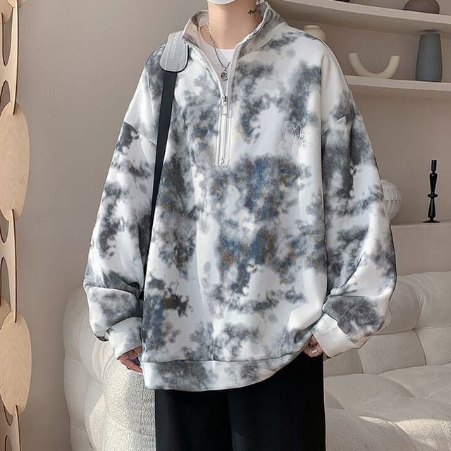Ninine-Mock Neck Tie Dye Half Zip Sweatshirt
