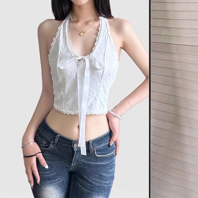 Allinya-Halter V-Neck Tie Front Open Back Lace Crop Top