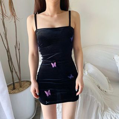 Ohnana - Embroidered Strappy Mini Sheath Dress Ohnana - Embroidered Strappy Mini Sheath Dress