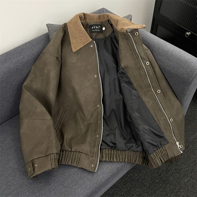 Plummie-Corduroy Collared Plain Faux Leather Button Jacket
