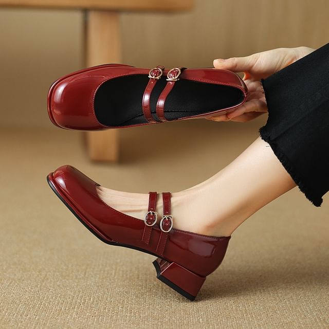 Cinnabelle-Low Heel Double Strap Mary Jane Patent Pumps