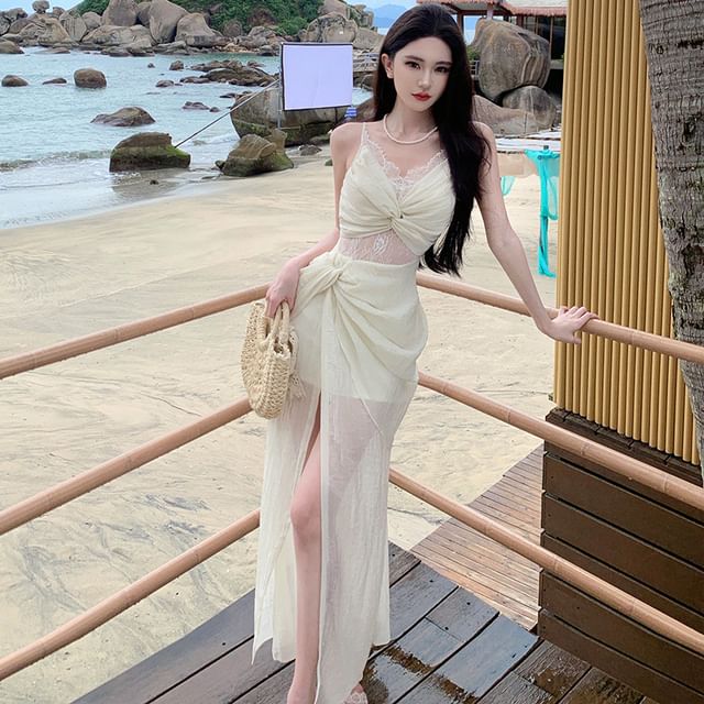Moanum-Spaghetti Strap V-Neck Plain Lace Panel Ruched Slit Maxi A-Line Dress