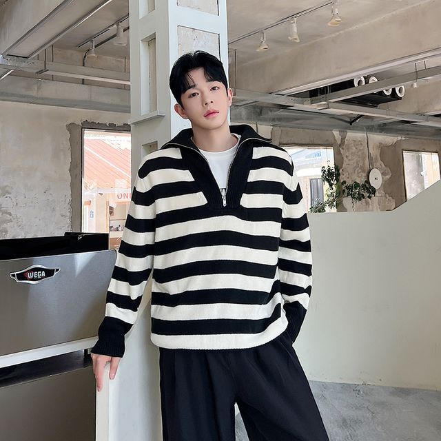 Patow Collared Striped Half-Zip Sweater YesStyle