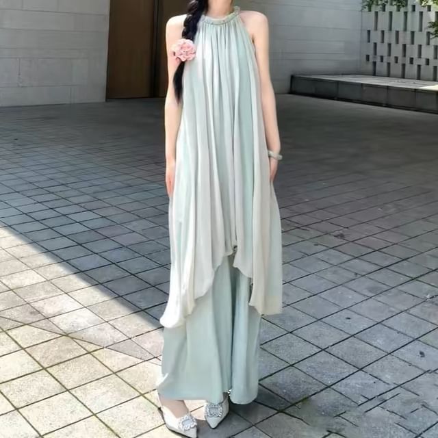 JIYON-Sleeveless Halter Plain Maxi A-Line Dress