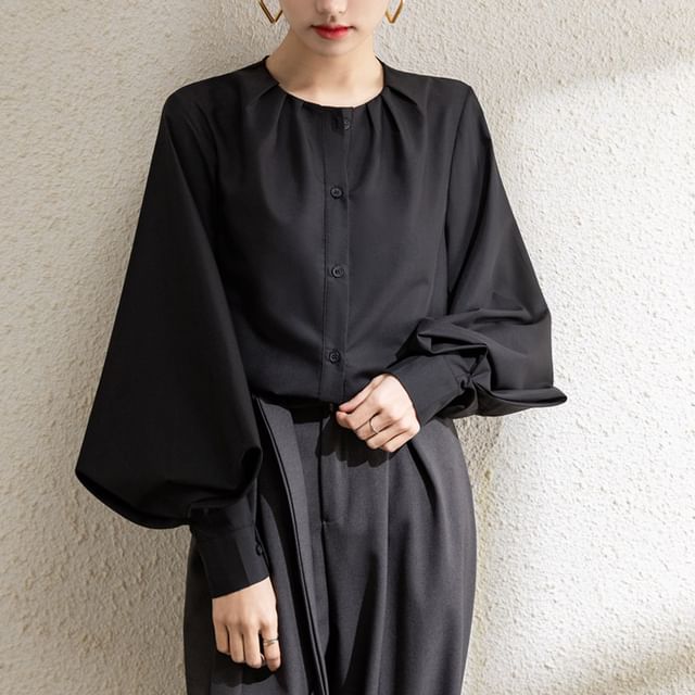 INEN-Lantern-Sleeve Round Neck Plain Ruched Button-Up Blouse