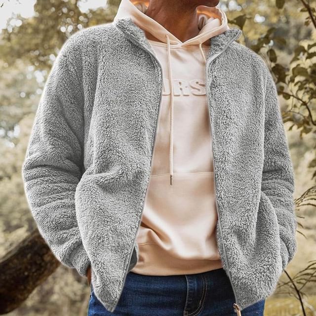 Double White-Fleece Zip-Up Plain Jacket