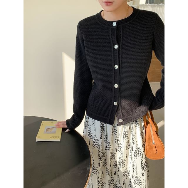 MORNINDEW-Round Neck Plain Rhinestone Button Up Cardigan