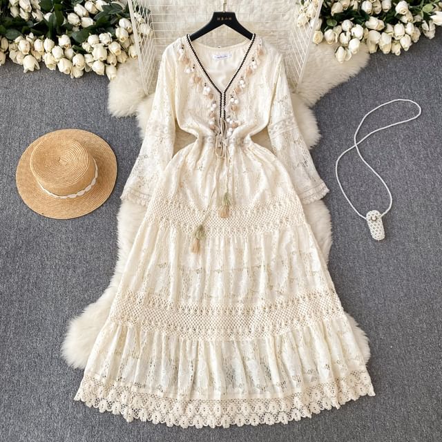 Lucuna - Long-Sleeve V-Neck Contrast Trim Pom Pom Tassel Lace Maxi A-Line Dress | YesStyle Lucuna - Long-Sleeve V-Neck Contrast Trim Pom Pom Tassel Lace Maxi A-Line Dress | YesStyle