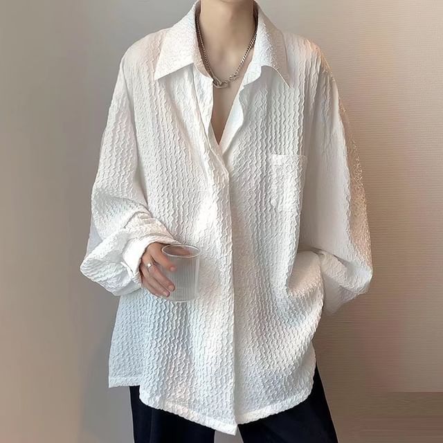 GRAYCIOUS-Puff-Sleeve Plain Textured Oversized Shirt
