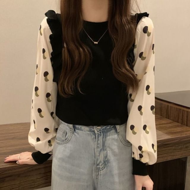 Sisyphi-Long-Sleeve Two Tone Dotted Panel Chiffon Blouse