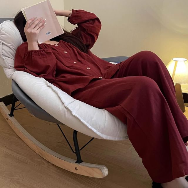 GOUB-Pajama Set Puff-Sleeve Plain Shirt Pants