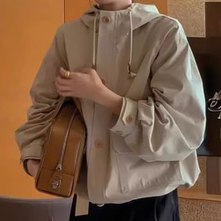 Jesong-Plain Hooded Pocket Detail Single-Breasted Jacket