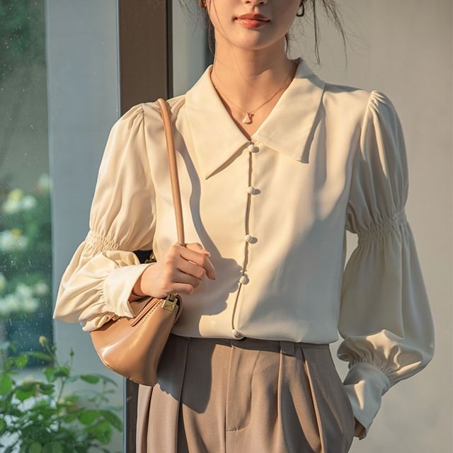 Sienne-Cinched Sleeve Collared Plain Shirt