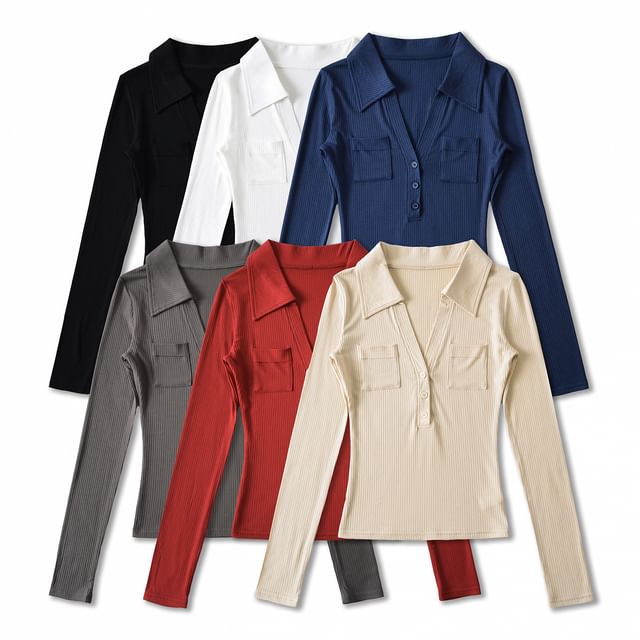Asiris-Long Sleeve V-Neck Collared Plain Button Top
