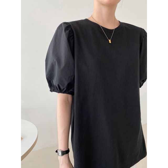 Chubby Girl-Puff-Sleeve Plain Top