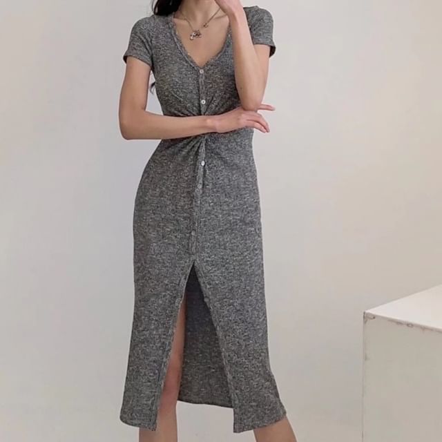 Asiris - Short Sleeve V-Neck Plain Button-Up Slim-Fit Slit Midi Bodycon  Dress