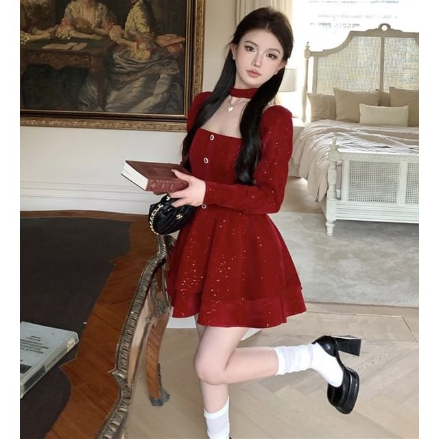 closetaine - Long-Sleeve Square Neck Plain Glitter Button Mini A-Line Dress  with Choker | YesStyle