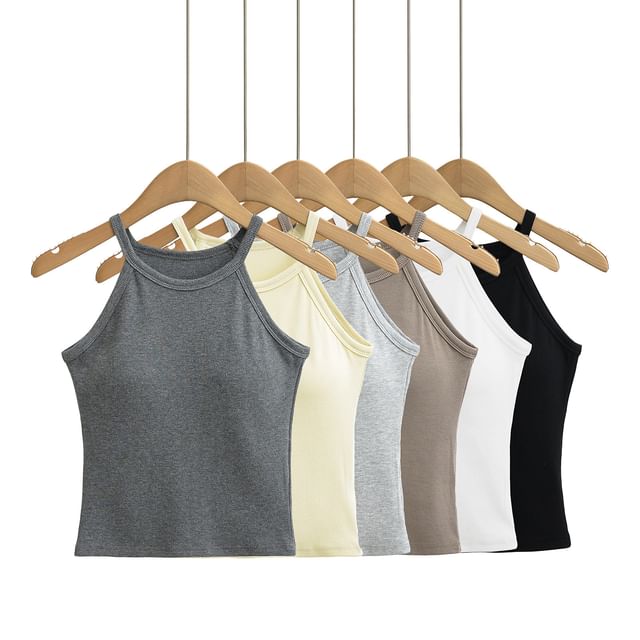 Asiris-Halter-Neck Plain Padded Slim-Fit Camisole Top