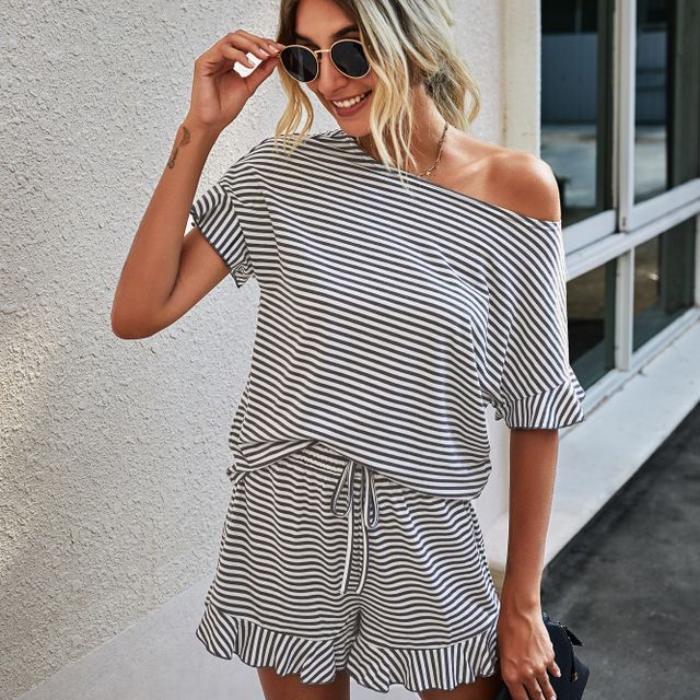 Short Sleeve Striped Ruffle Trim 