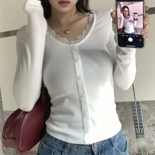 Beem-Long Sleeve V-Neck Plain Button Panel Lace Top