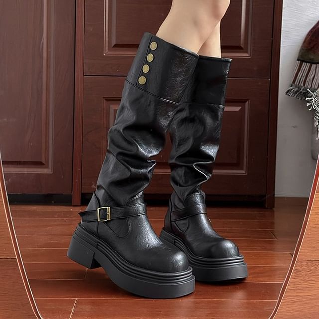 Vindler-Platform Buckled Button Knee High Boots