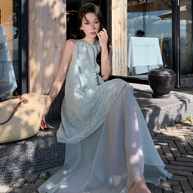 sansweet-Mock Two-Piece Sleeveless Round Neck Sequin Mesh Panel Maxi A-Line Dress