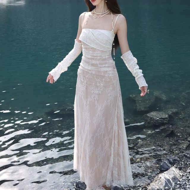 ZYHT - Set: Spaghetti Strap Lace Maxi Dress + Arm Sleeves | YesStyle