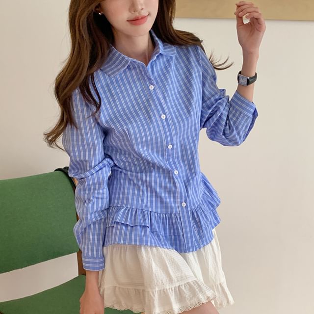 Jesong-Puff-Sleeve Plaid Button-Up Ruffle Shirt