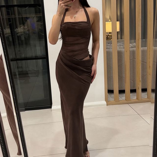 Puffie - Halter Neck Plain Mesh Panel Ruched Cutout Open Back Maxi Bodycon  Dress | YesStyle