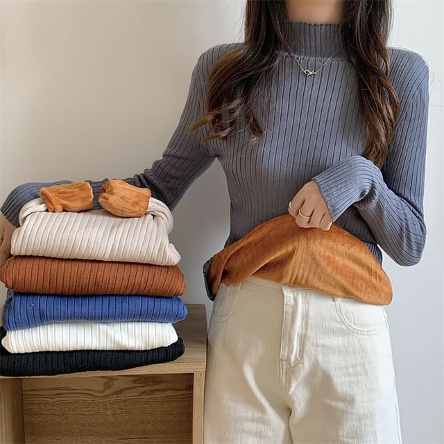 Magimomo-Mock Neck Plain Ribbed Sweater