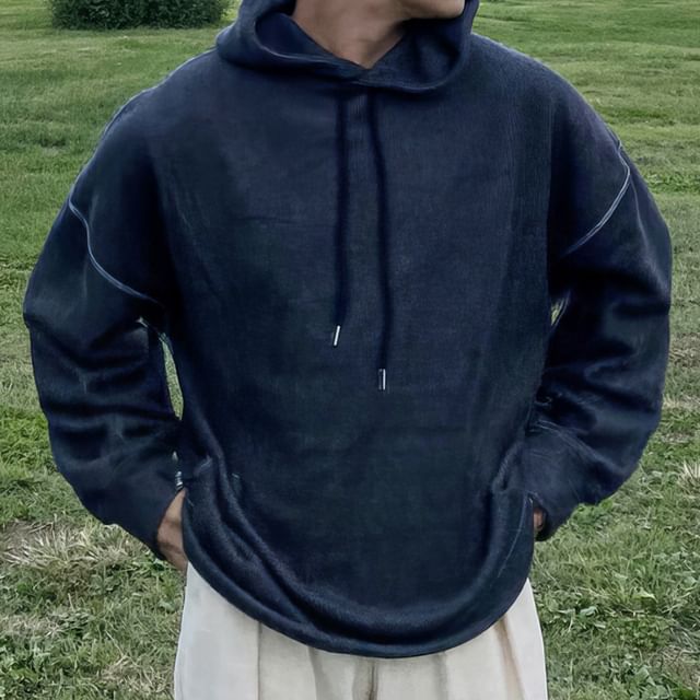 mopagrati-Plain Contrast Stitching Hoodie