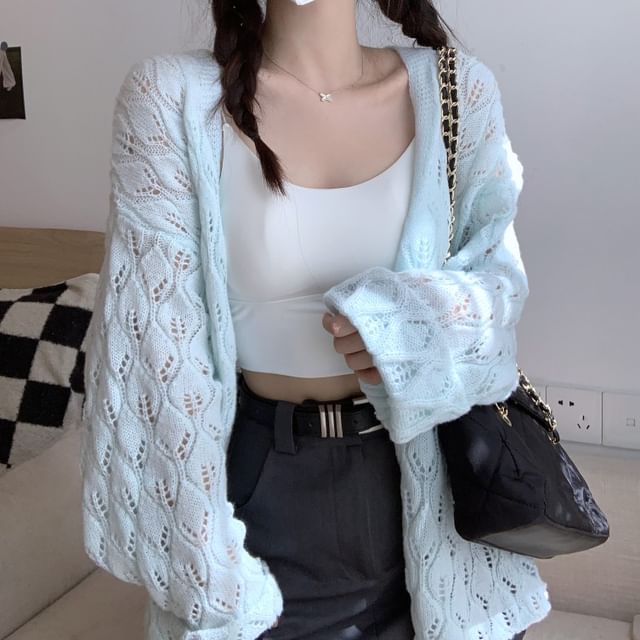 Shinsei-V-Neck Plain Pointelle Cardigan