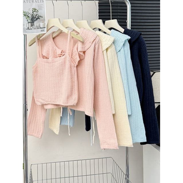 Lemongrass-Set Plain Knit Cami Top Ruffled Light Cardigan