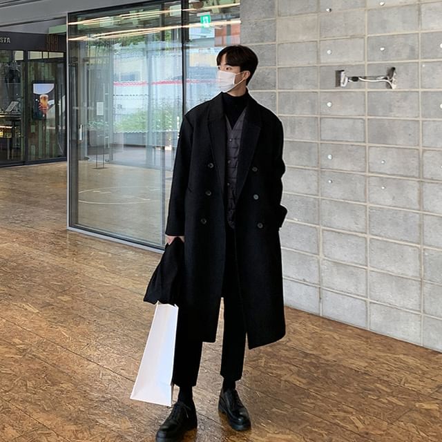 YIKES-Lapel Collar Plain Double-Breasted Long Coat