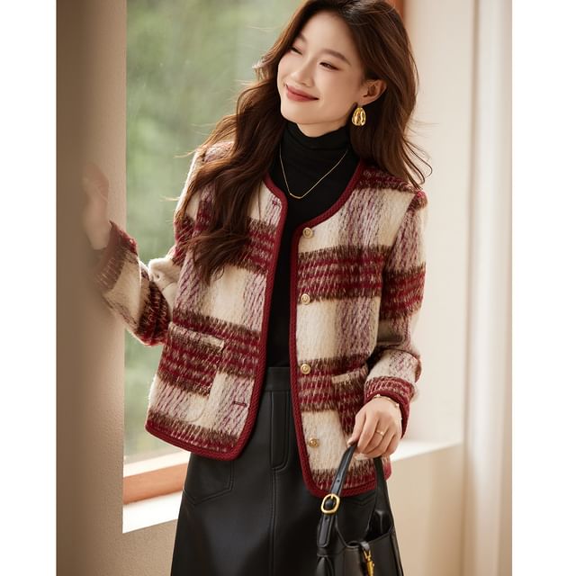 Jeonseon-Crew Neck Plaid Button-Up Jacket