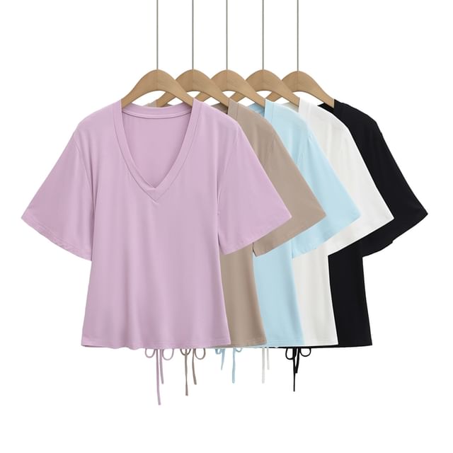Ulark-Short-Sleeve V-Neck Plain Drawstring Tee