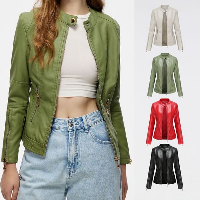 JVL-Stand Collar Plain Zip-Up Faux Leather Jacket