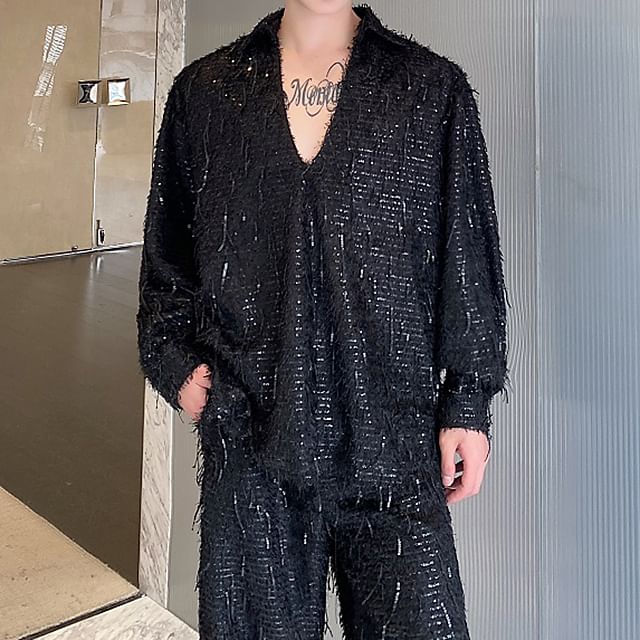 Bjorn-Long-Sleeve V-Neck Sequin Overhead Shirt