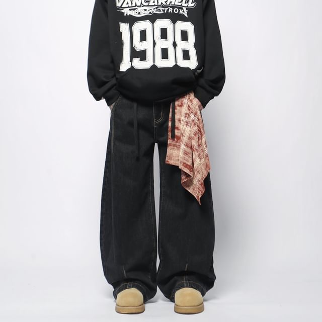 Derbundy-Mid Rise Plaid Panel Straight Leg Jeans