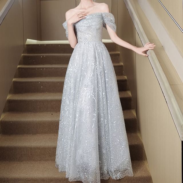 DreesHouse-Off Shoulder Sheer A-Line Evening Gown